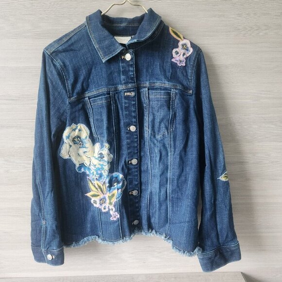 Chicos Long Sleeve Floral Embroidered Applique Denim Jacket Ladies Size 2 / L - Picture 2 of 16